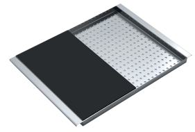Stainless steel perforated bowl cover with black HPL chopping board